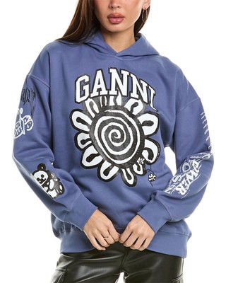 Женская толстовка оверсайз с капюшоном Ganni Isoli Mega Flower серого цвета S/M