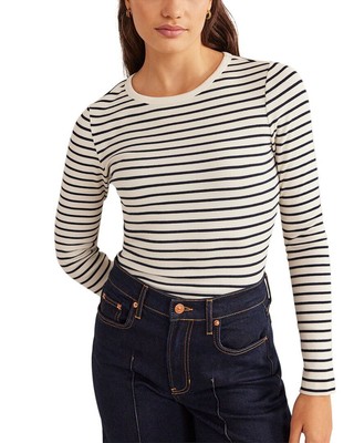 

Женский хлопковый топ Boden в рубчик с длинными рукавами, White/navy