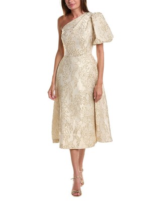 Женское жаккардовое миди-платье Teri Jon By Rickie Freeman из металлик-жаккарда бежевого цвета 2