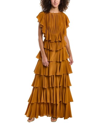 

Ulla Johnson Freja Многоярусное шелковое платье макси женское коричневое, Коричневый