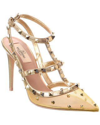 Valentino Rockstud Caged 100 Mesh & Leather Pump Womens Gold 38.5