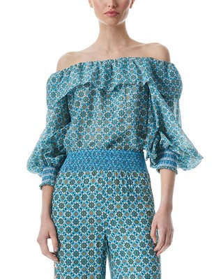 

Женская блузка из смесового шелка Alice + Olivia Alta с открытыми плечами, Owashed geo