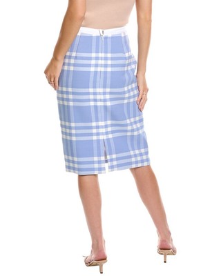 Pre-owned Oscar De La Renta Large Check Wool-blend Pencil Skirt Women's In Blue