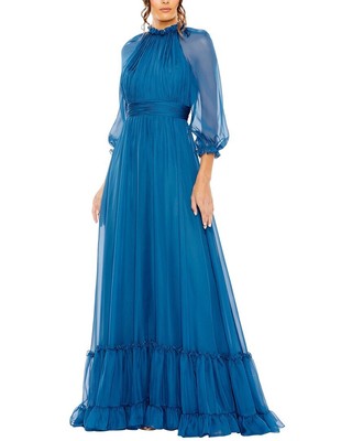 Mac Duggal Chiffon Ruched Illusion Raglan Sleeve Ruffled Gown Womens