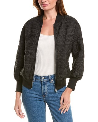 Gracia Floral Embossed Zip-Up Bomber Jacket Womens Black S