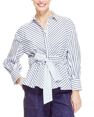 

Женский поплиновый топ с длинными рукавами и поясом Pearl By Lela Rose размера, Navy/white