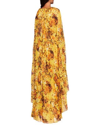 Pre-owned Marchesa Notte Pleated Plunging V-neck Printed Dress Women's 0 In Yellow/gold