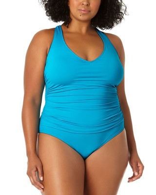 Anne Cole V Neck Cross Back Shirred One-Piece Womens  20W