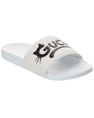 Gucci Kitty Logo Leather Slide Womens White 39