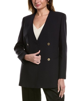 Pre-owned Lafayette 148 York Collarless Wool-blend Blazer Women's In Blue