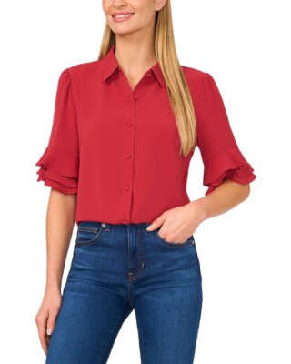Cece 3/4-Sleeve Button Front Collared Top Womens