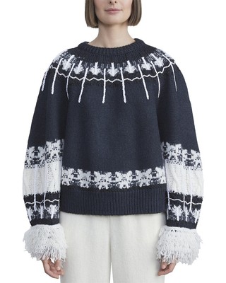 Pre-owned Lafayette 148 York Fringe Trimmed Fair Isle Cashmere Sweater Women's S In Black Multi