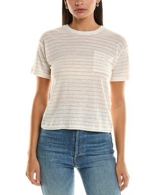 Женская льняная футболка с карманом в рамке из джинсовой ткани