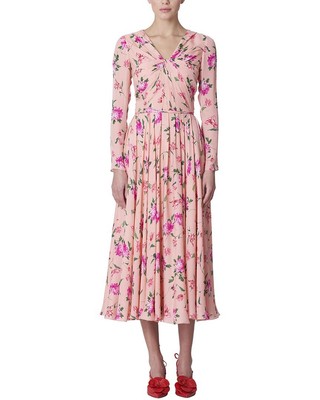 

Женское шелковое платье со сборками и v-образным вырезом Carolina Herrera, Blush multi