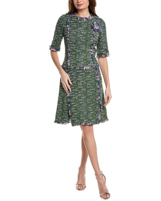 Teri Jon By Rickie Freeman Tweed A-Line Dress Womens Green 12