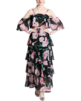 

Женский комплект из топа и юбки Burryco из 2 предметов, Black - floral print