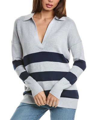 Женский свитер-поло из кашемировой смеси Forte Cashmere в полоску с разрезным вырезом, серый S