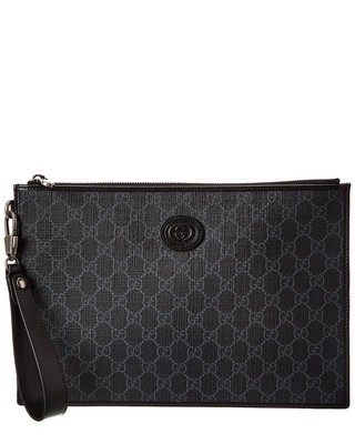 Gucci Interlocking G Gg Supreme Canvas & Leather Pouch Womens Black