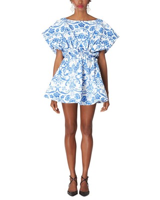 Pre-owned Carolina Herrera Wide Gathered Waist Mini Dress Women's In Bluebell Multi