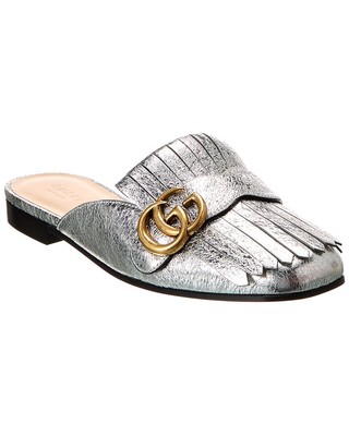 Gucci Gg Marmont Metallic Leather Slipper Womens Silver 37