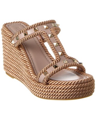 

Женские босоножки на танкетке Valentino Rockstud 90 из кожи и веревки, розовые, Розовый, NA