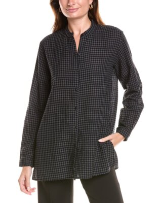 Длинная рубашка из полушерстяной ткани с воротником-стойкой мандарин от Eileen Fisher, женская, черная 1X