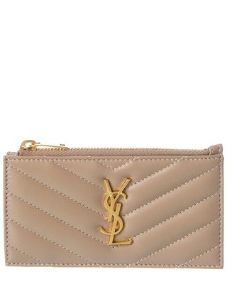 Кожаная визитница с логотипом Saint Laurent, женская бежевая