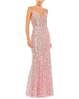 Pre-owned Mac Duggal Embellished Plunge Neck Sleeveless Trumpet Gown Women's 0 In Pink