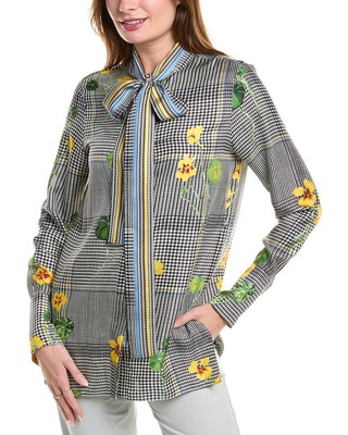 Женская рубашка с галстуком из шелковой саржи в клетку Oscar De La Renta Nasturtium