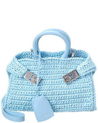 Женское мини-платье через плечо с кожаной отделкой Ferragamo Hug Mini синего цвета