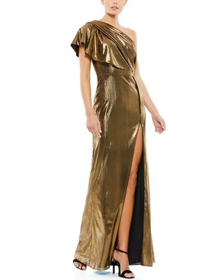 Женское платье на одно плечо с металлическими оборками Mac Duggal Золотое 0