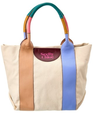 Маленькая женская сумка-тоут из холста и кожи See By Chloé Laetizia белого цвета