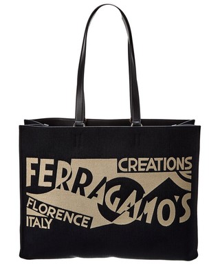 Большая женская сумка-тоут с кожаной отделкой и логотипом Ferragamo черного цвета