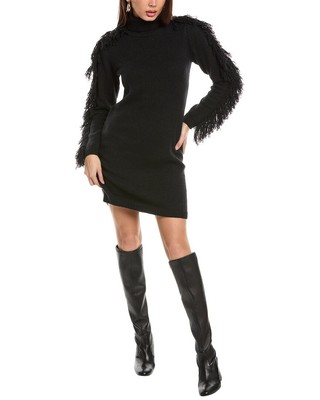 Milly Rowe Fringe Sleeve Turtleneck Sweaterdress Womens Black Xl