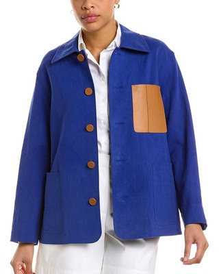 

Lafayette 148 New York Greer льняная куртка-рубашка с кожаной отделкой женская, Синий, NA