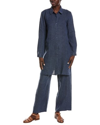 Льняная рубашка Eileen Fisher с высоким разрезом, женская синяя Xxs