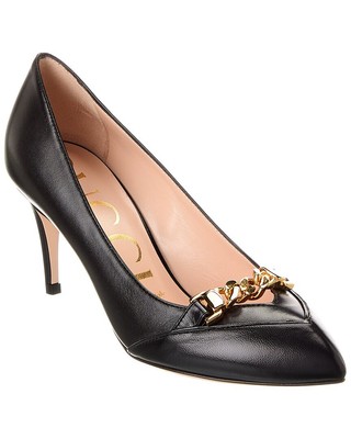Gucci Chain Detail Leather Pump Womens Black 34.5