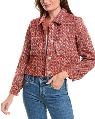 Gracia Front Pocket Tweed Cropped Blazer Womens Red L
