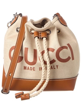 Женская сумка-ведро с принтом логотипа Gucci из холста и кожи коричневого цвета