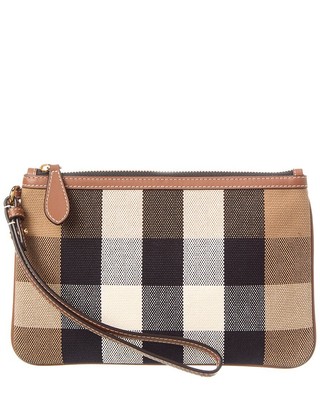 Женская коричневая сумка Burberry из холста и кожи в клетку коричневого цвета