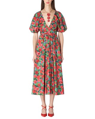 Женское миди-платье Carolina Herrera с глубоким V-образным вырезом и рюшами