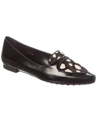 Tod S Leather & Haircalf Loafer Womens Black 37