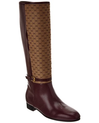 Женские сапоги до колена из парусины и кожи Gucci Gg коричневые 38,5