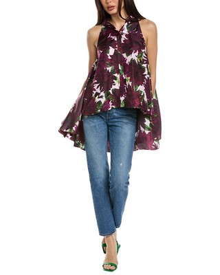 Pre-owned Oscar De La Renta Dahlia Silk Twill Blouse Women's In Red