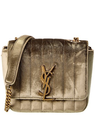 Saint Laurent Vicky Small Matelasse велюровое женское платье через плечо зеленого цвета