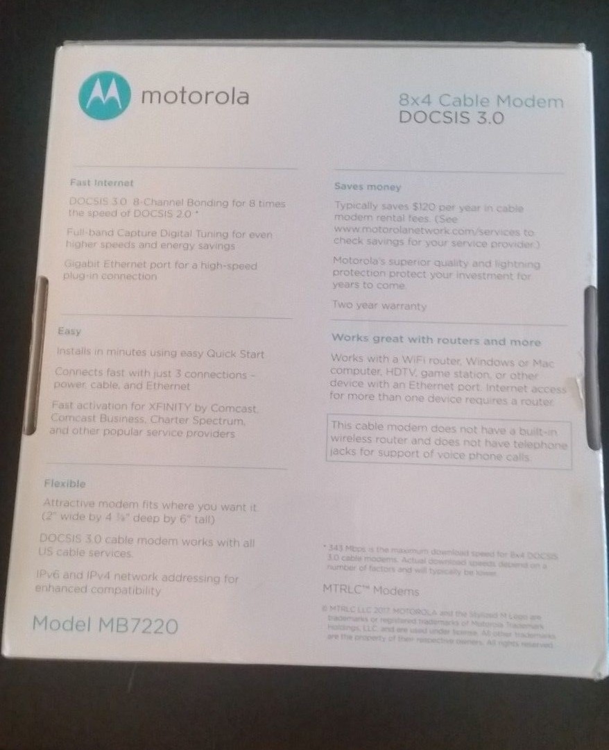 Motorola MB7220 8x4 Cable Modem 343 Mbps DOCSIS 3.0 New in box