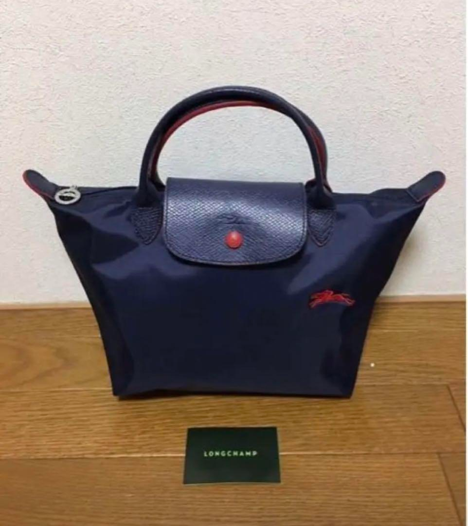 ●7809 LONGCHAMP ハンドバッグ ネイビー×レッド系 馬 刺繍 ○7809 LONGCHAMP ハンドバッグ ネイビー×レッド系 馬 刺繍