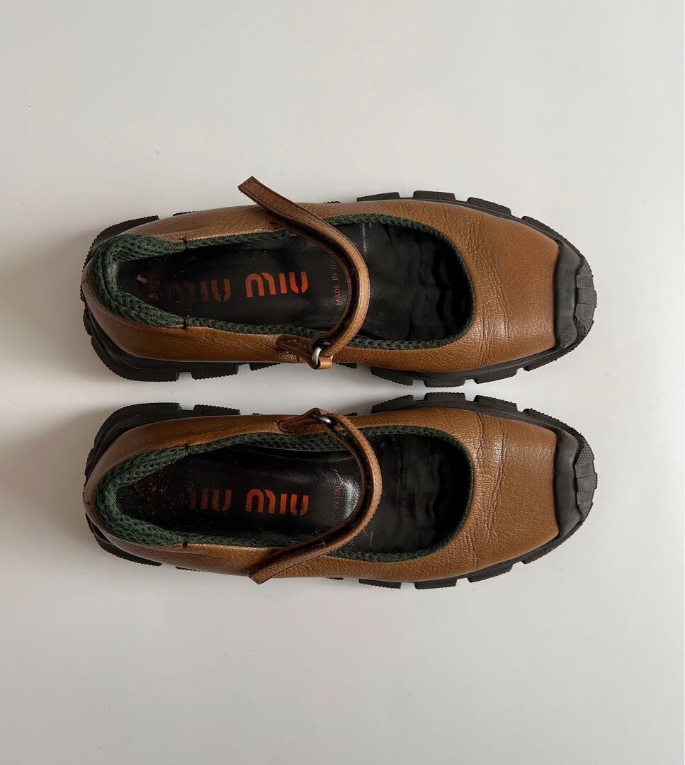 靴 FW1999 MIU MIU MEN LEATHER SHOES MIU MIU FW1999 Docking Shoes Strap Pumps Size:37 1/2 Brown