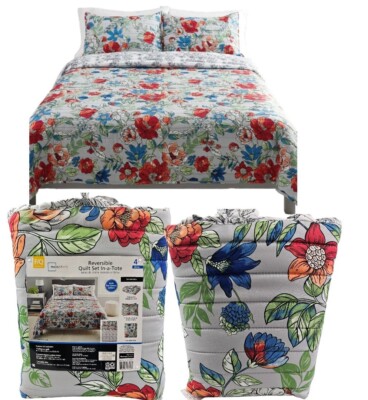 Mainstays Reversible Quilt Set In-a-Tote Full/Queen Grey Floral Bedding 4 PC Set