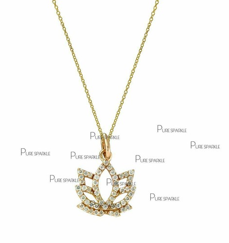 14K Gold 0.28 Ct. Lab-Created Diamond Lotus Charm Pendant Necklace Fine Jewelry